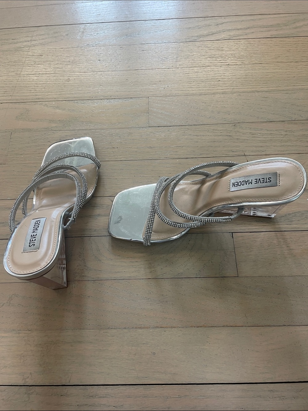 Steve Madden Silver Rhinestone Strappy Block-Heel Sandals